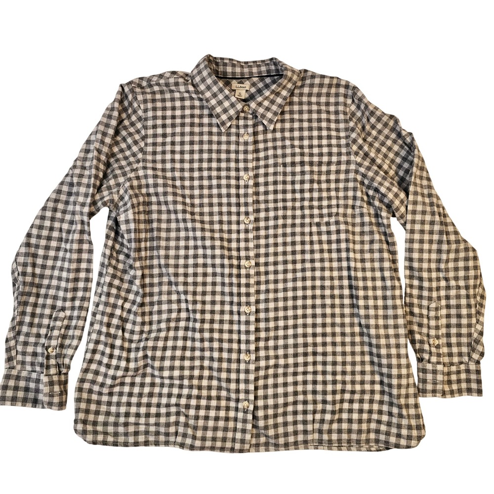 LL Bean Flannel Shirt XL Gray White Gingham Check Button Down Long Sleeve Cotton